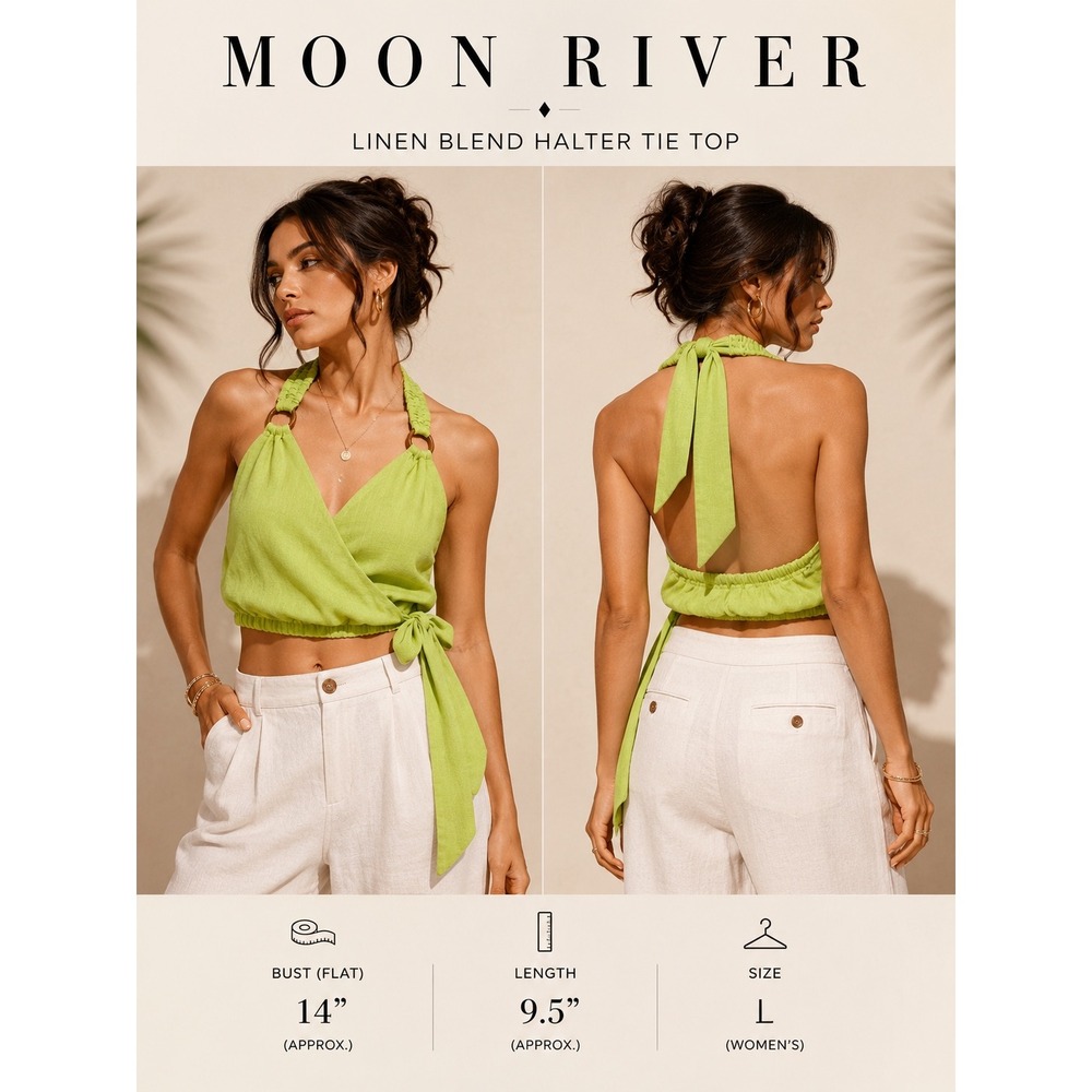 Moon River Linen Blend Halter Tie‎ Top Lime Green MR4969 Size L Womens